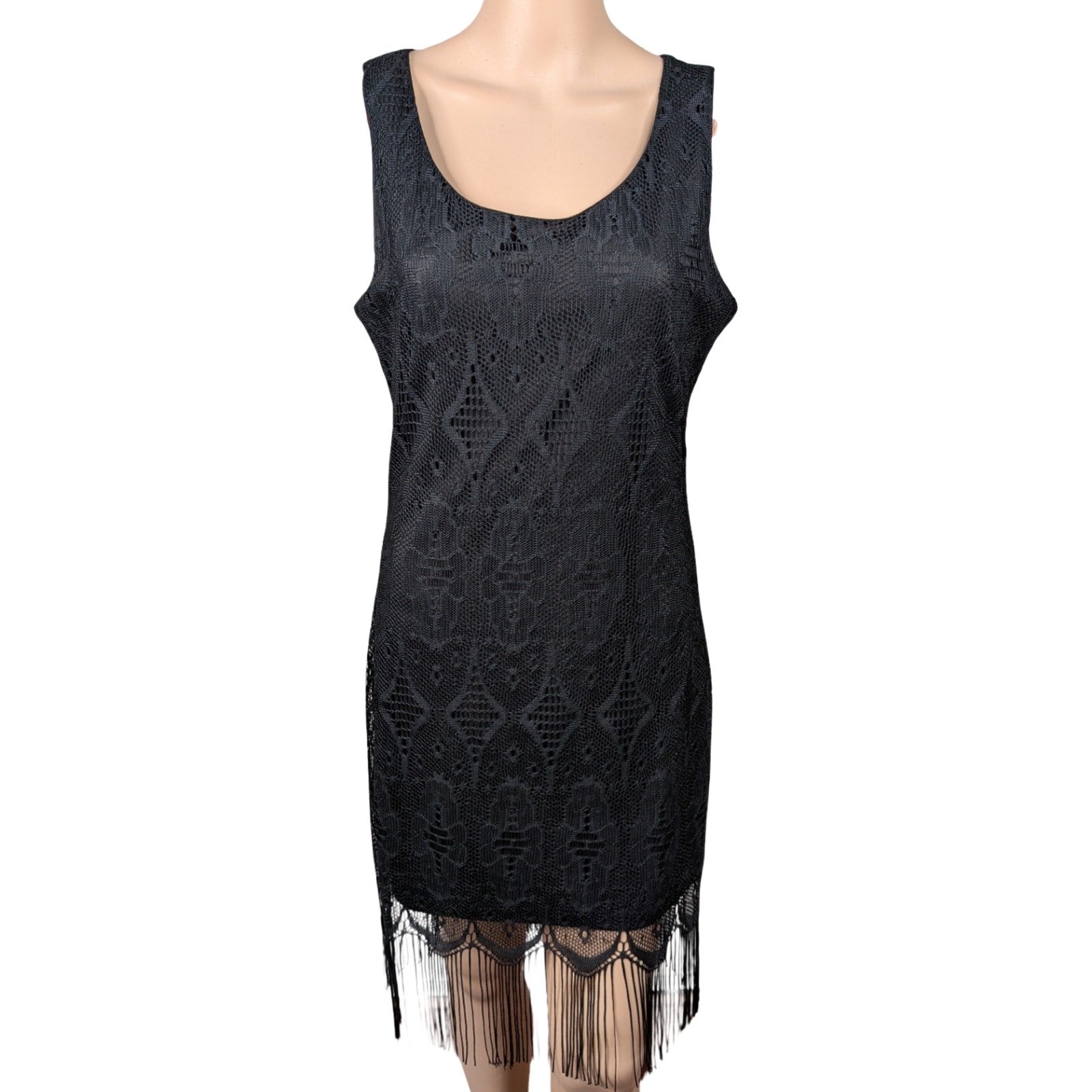 Venus Crochet Lace Sheath Dress S/M Fringe Hem Scalloped Flapper Boho Cocktail